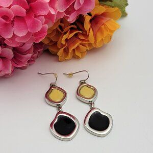 Lia Sophia Silver Tone Yellow And Black Enamel Drop Earrings 2" French Wire
